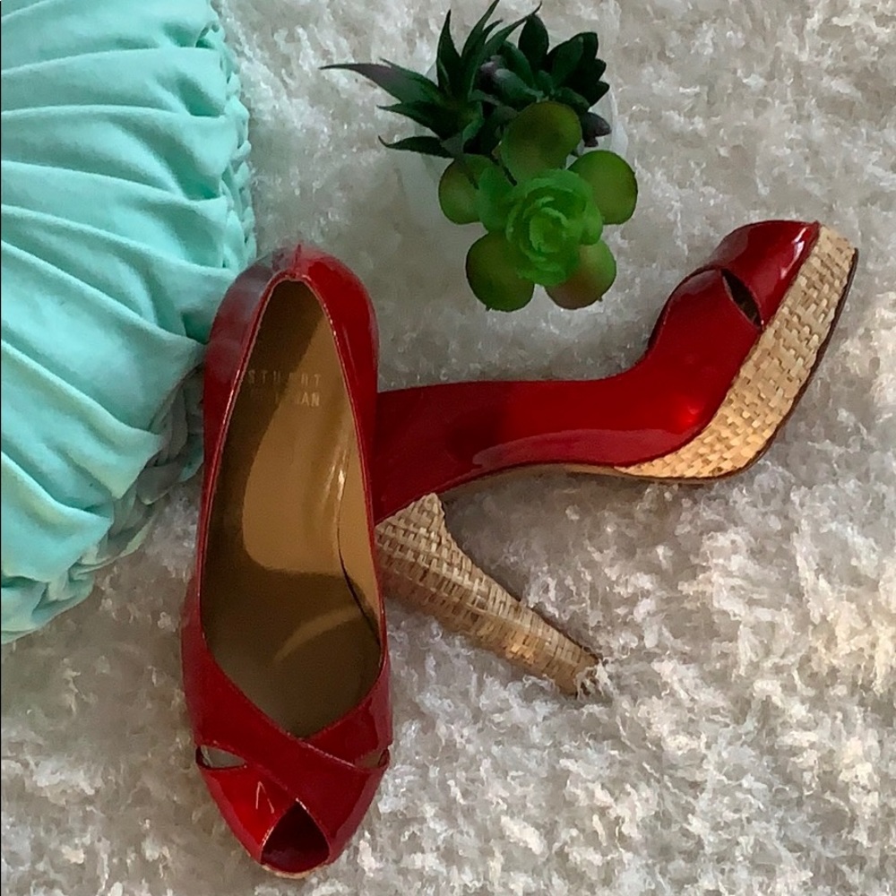Stuart Weitzman rattan heels red pumps